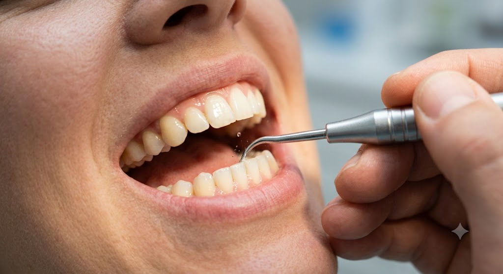 Close-up of dental cleaning with a handheld dental instrument