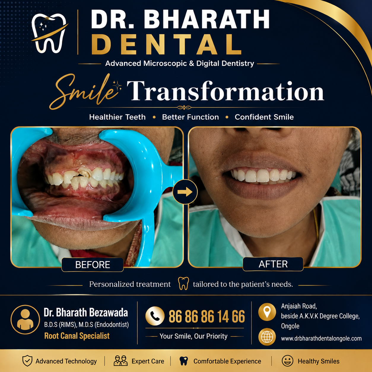 Clinic-branded smile transformation graphic with before-and-after dental images